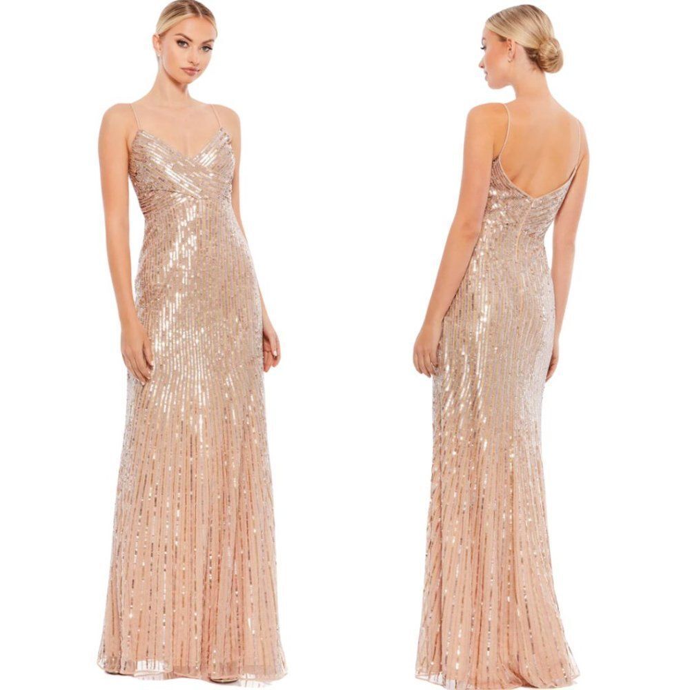 Mac Duggal Sequin Gold / Rose Spaghetti Strap V Neck Gown Dress Size 8